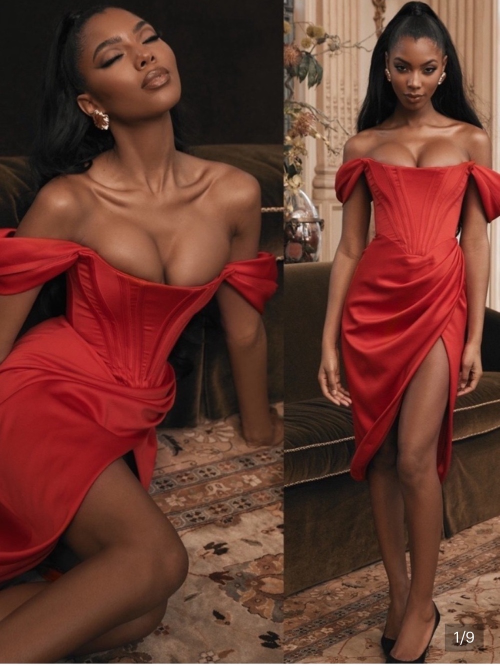 House of CB Dress Loretta Off The Shoulder Corset Midi in Red